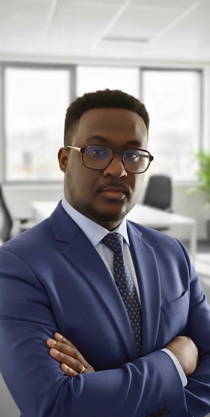 Man in a blue suit and glasses standing with arms crossed in a modern office.