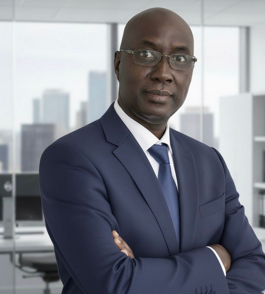 Confident man in a suit with glasses, standing in a modern office with city view.