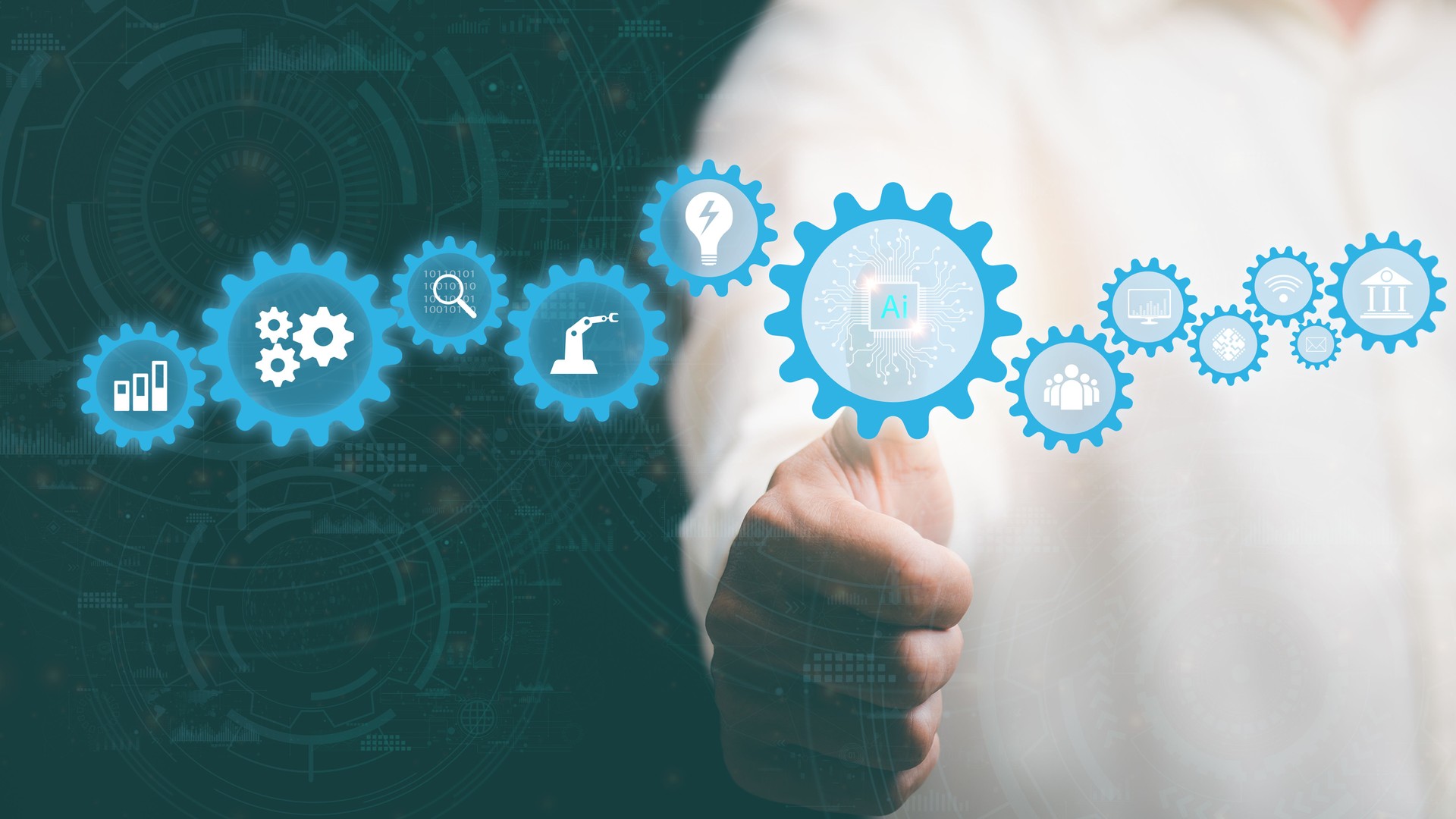 L’IA, les gens d’affaires touchent l’icône de l’intelligence artificielle, le futur concept de technologie d’automatisation, l’innovation de réseau d’apprentissage grâce à une base de données numérique, analysent et développent les ent