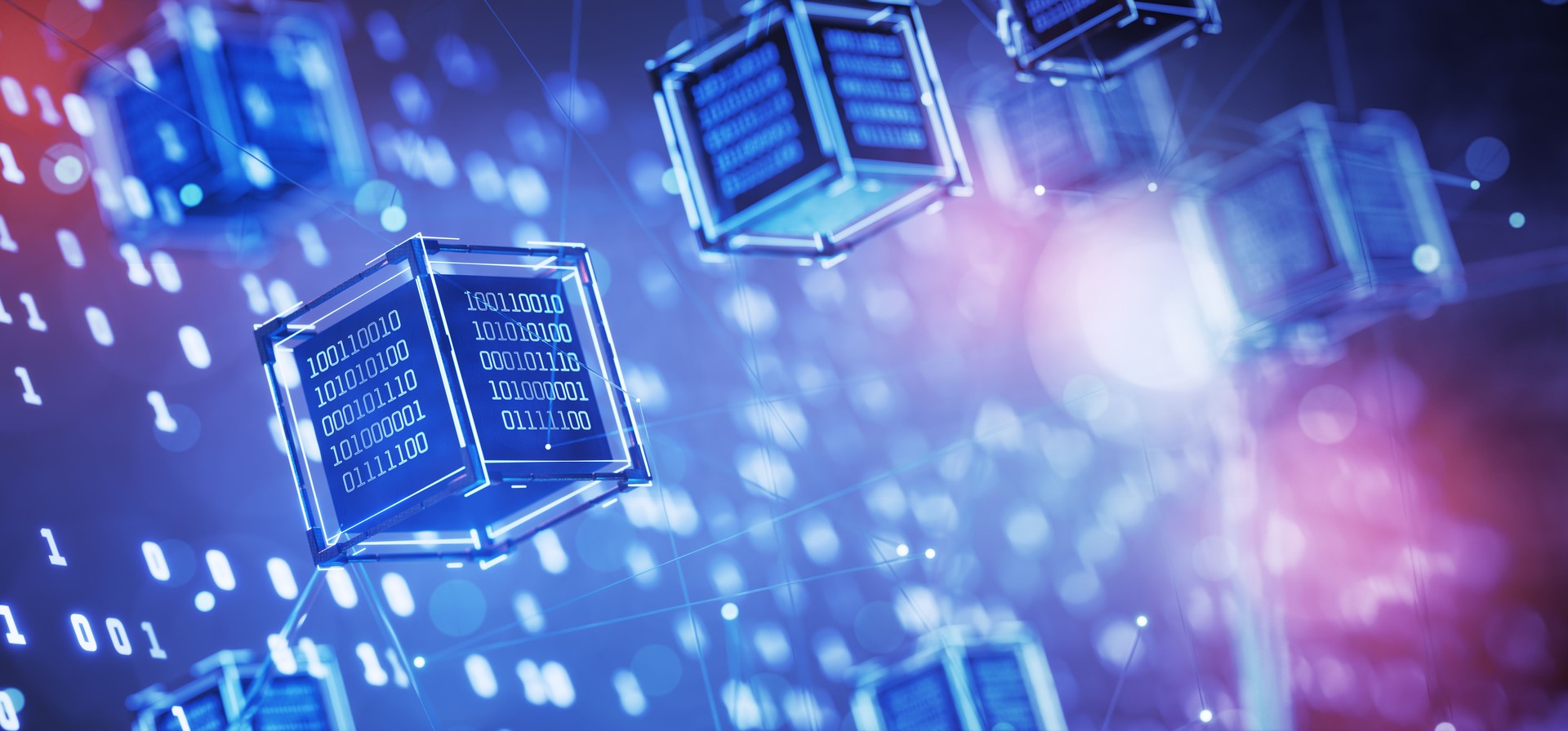 Technologies numériques. Cube avec code binaire. Blockchain. Intelligence artificielle. Contexte technique abstrait. Code informatique. Attaque de pirate informatique. Bloc de données. Code binaire. Le Big Data. IA. Rendu 3D.