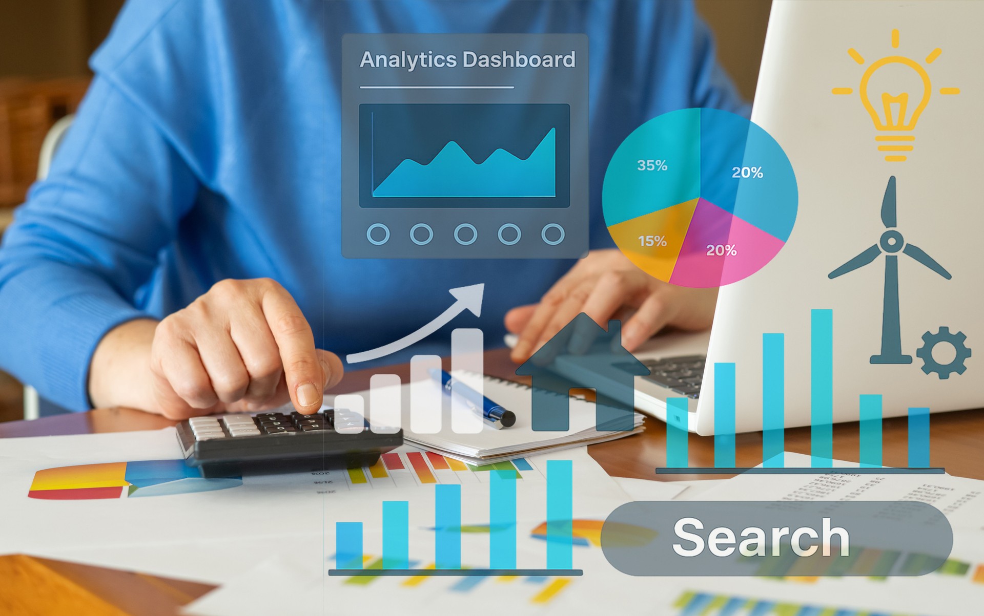 Une femme d’affaires analyse des données et des graphiques sur un ordinateur portable et utilise une calculatrice pour évaluer les performances financières, avec des icônes superposées représentant l’analyse, la croissance et l’énergie renouve